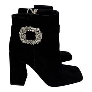 NEW Black Suede Pearl Brooch Square Toe Luminna booties Jessica Simpson Size 9M